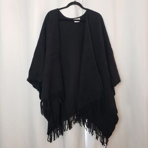Sutton Studio Womens 100% Wool Fringe Poncho Wrap Cape Solid Black Open Front